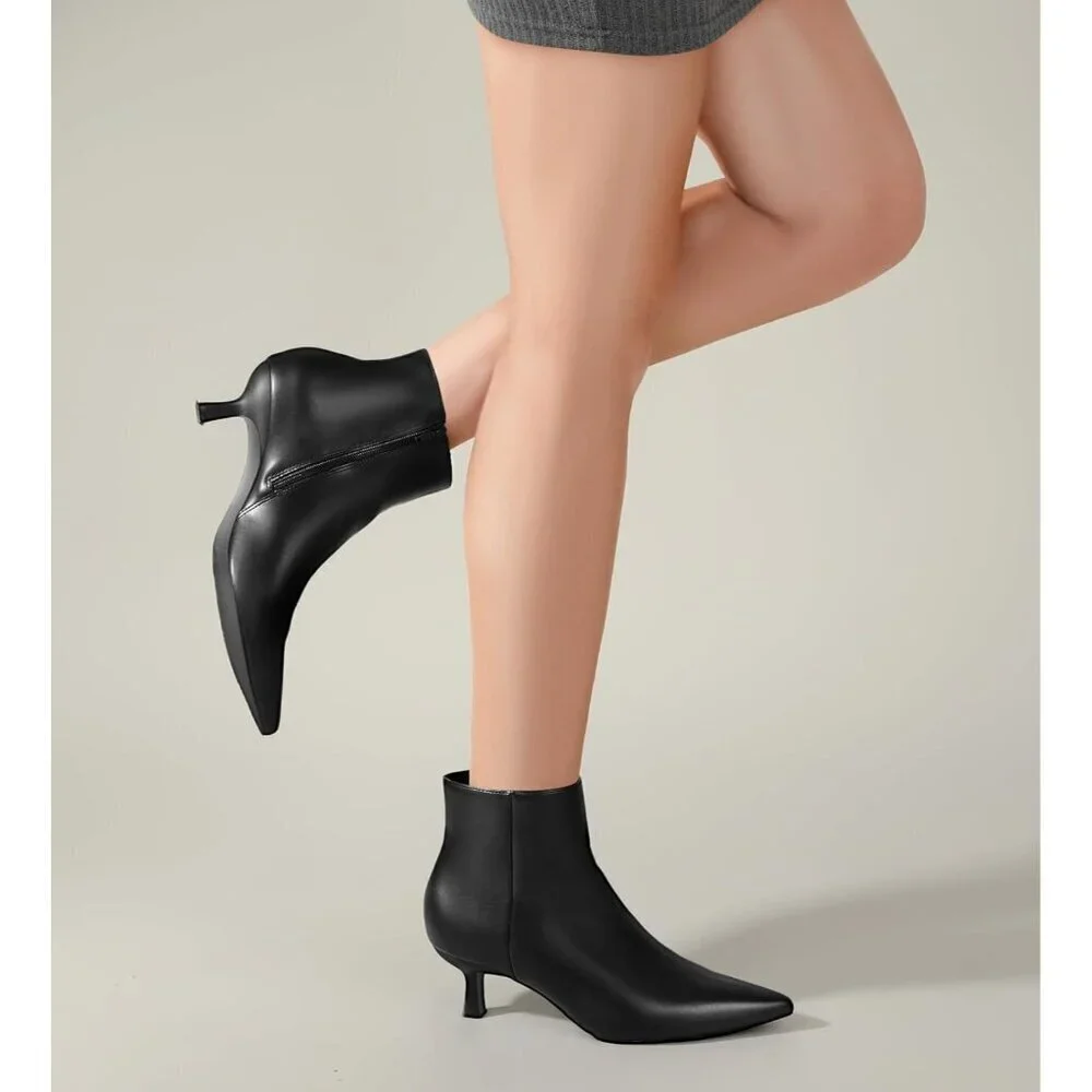 Women's Black Kitten Heel Ankle Winter Dress Shoes Pointed Toe Side Zipper Boots